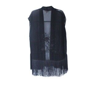 Vintage Lucy Paris Fringed Vest Woman's Size L Floral Appliques Sheer Black